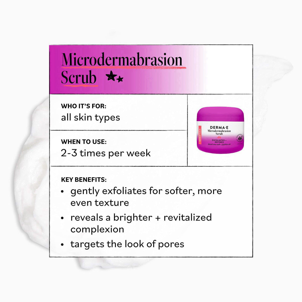 DERMA E Microdermabrasion Exfoliating Face Scrub, Revitalizes & Renews 2 Oz – back view and specifications