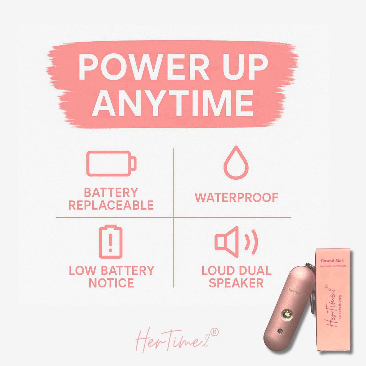 HerTime2 Personal Safety Alarm for Women - Loud Self Defense Siren, Waterproof Keychain with Strobe Light - Battery Powe