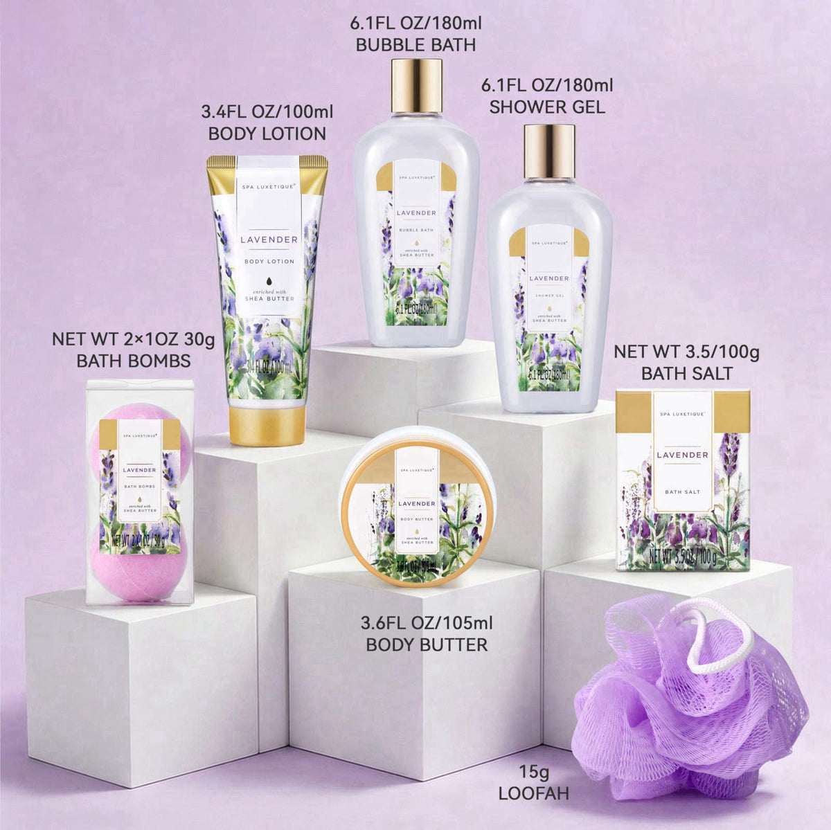 spa luxetique Spa Gift Baskets for Women, 8PCS Lavender Bath and Body Set – close-up detail