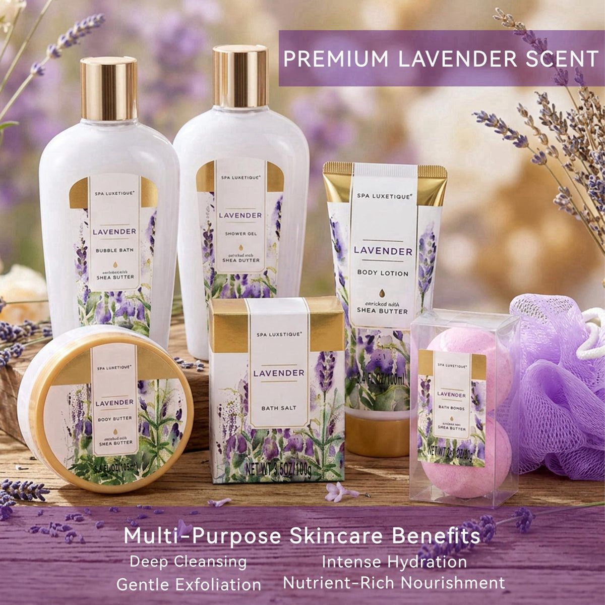 spa luxetique Spa Gift Baskets for Women, 8PCS Lavender Bath and Body Set – packaging and label