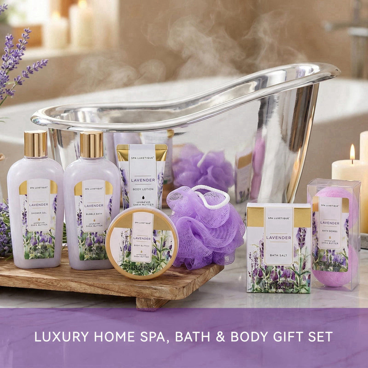 spa luxetique Spa Gift Baskets for Women, 8PCS Lavender Bath and Body Set – full view