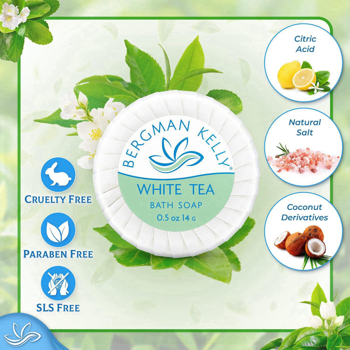 BERGMAN KELLY - Hotel Soap Bars - White Tea, 0.5 oz, 100 PK - Travel Size Luxury Bulk Amenities Bar Soap - Mini Individu