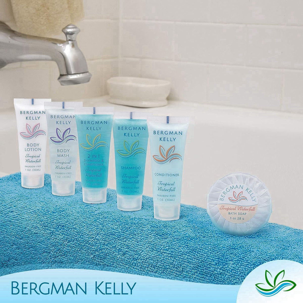 BERGMAN KELLY - Hotel Soap Bars in Bulk - Tropical Waterfall, 1 oz, 100 PK - Small Individually Wrapped Round Soap - Tra