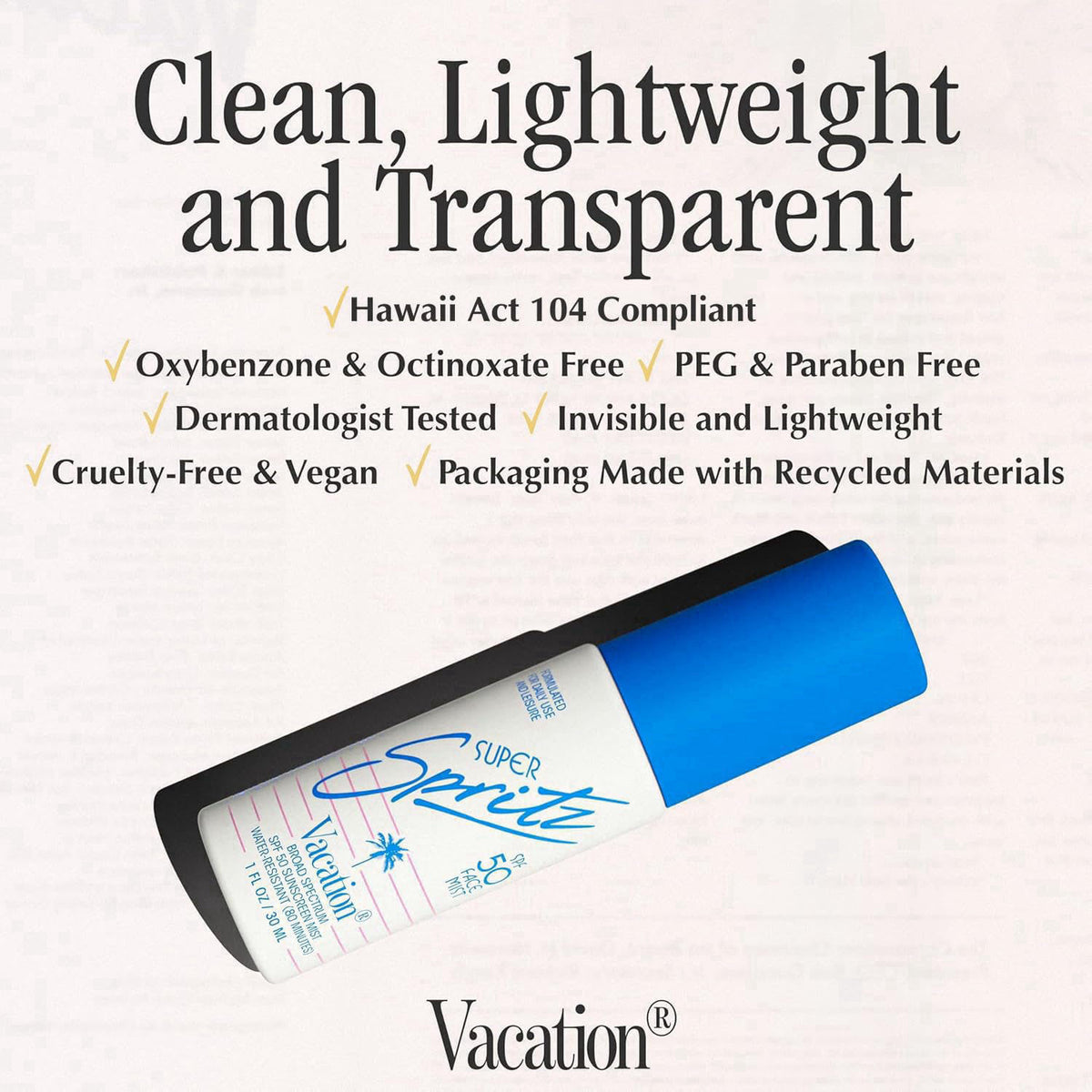 Vacation Mini Super Spritz SPF 50 Face Sunscreen Spray, Pack of 6 – back view and specifications