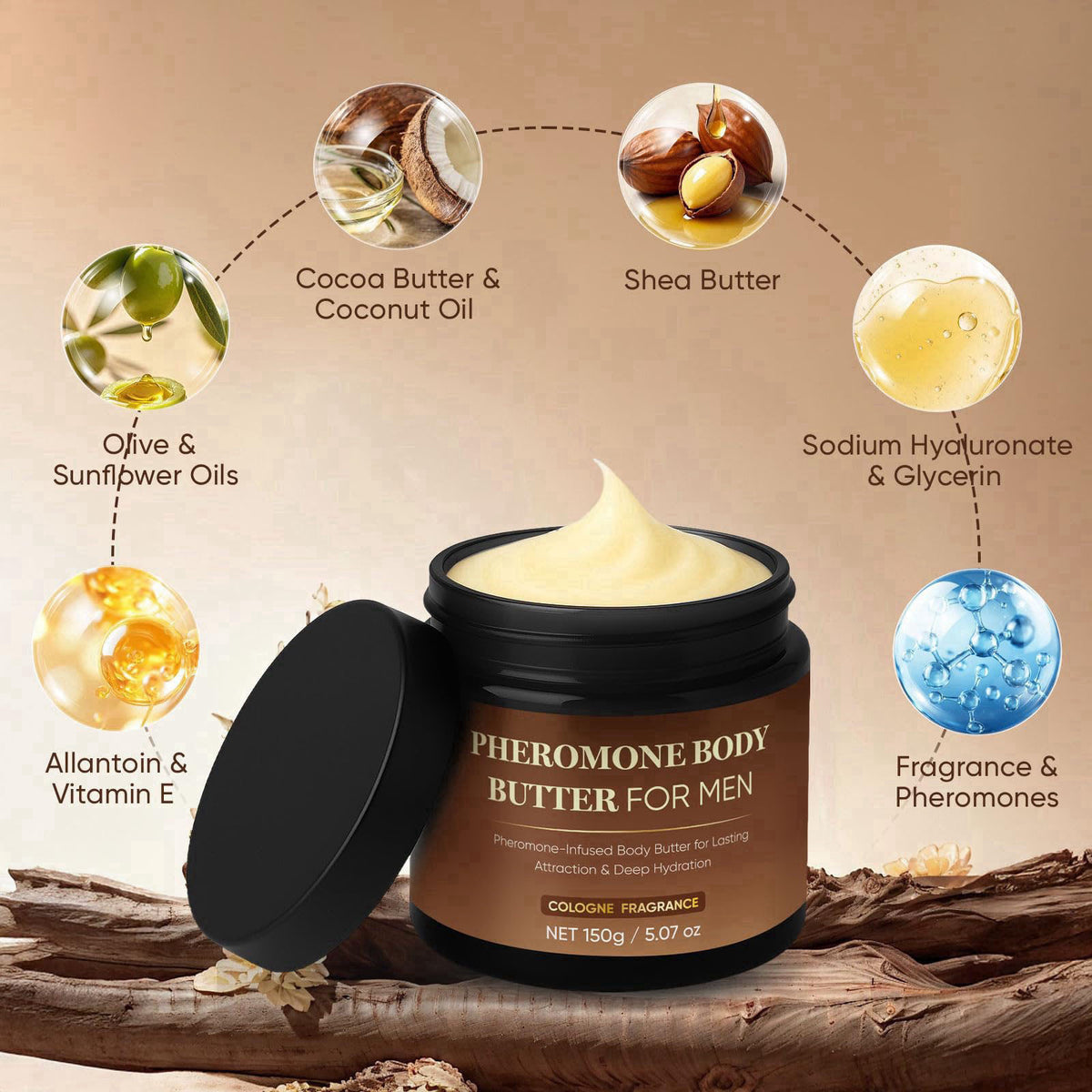 TUVAAZ Pheromone Body Butter, Cologne Body Cream for Men with Shea & Cocoa Butter, Coconut Oil,Non-Greasy, Alcohol-Free,
