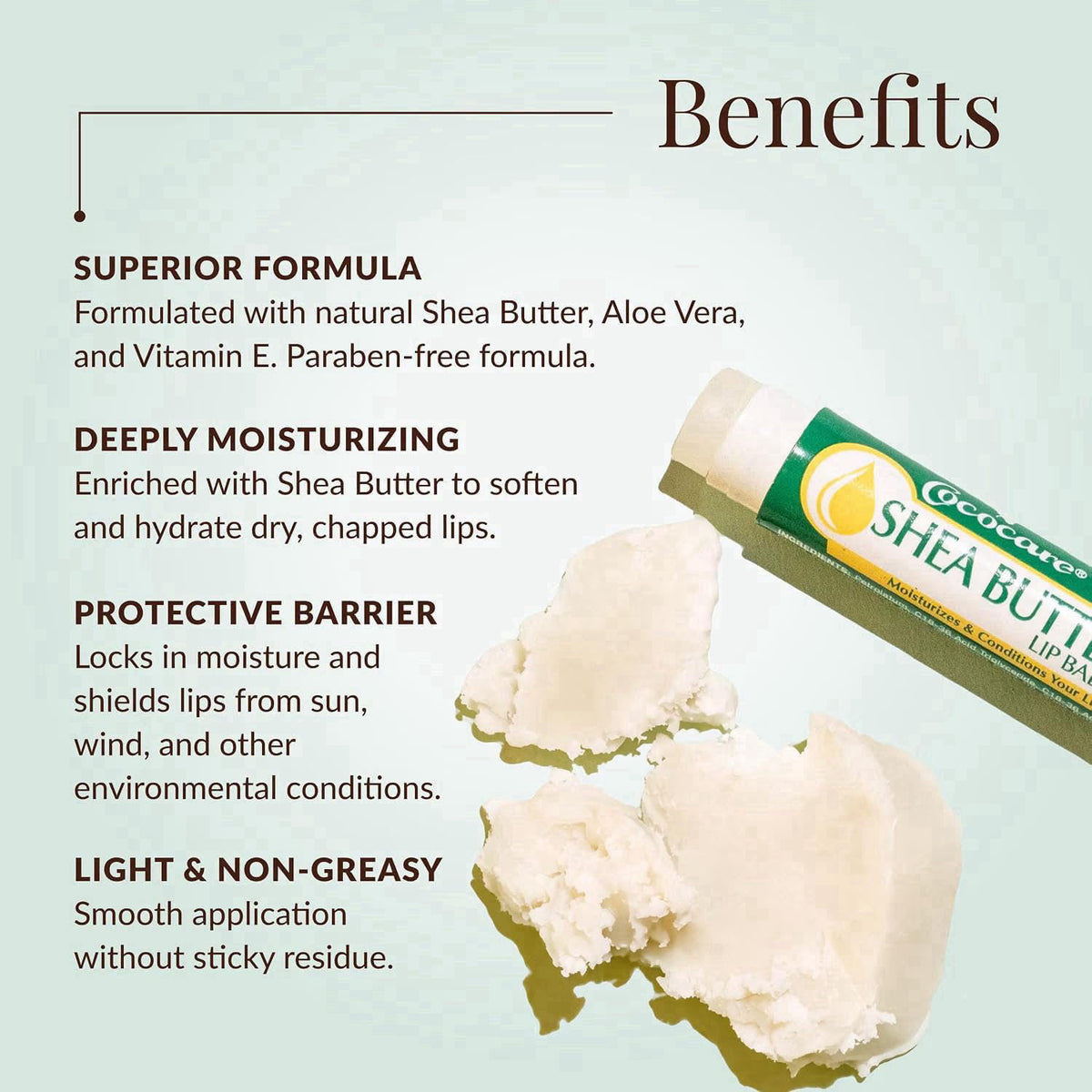 Cococare Shea Butter Lip Balm with Vitamin E & Aloe Vera, 0.15 oz, 10 Pack – close-up detail in Shea Butter