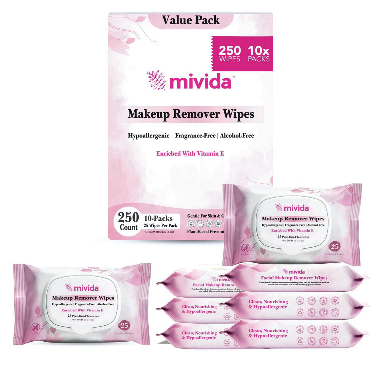mivida Hypoallergenic Makeup Remover Wipes with Vitamin E | Dermatologist Tested Alcohol-Free, Fragrance-Free Face Wipes