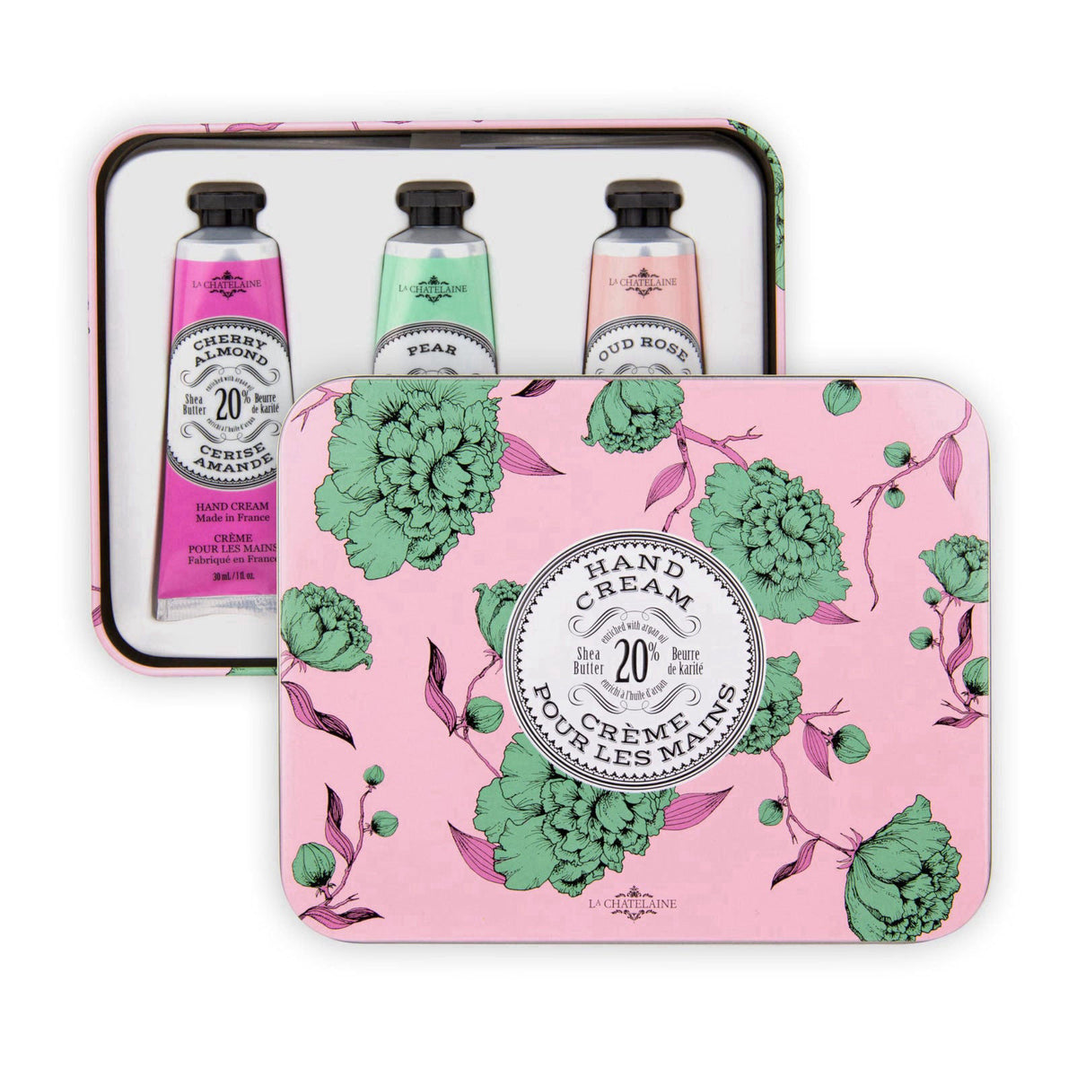 La Chatelaine Rose Hand Cream Trio Tin Gift Set, 3 x 1 oz – close-up detail