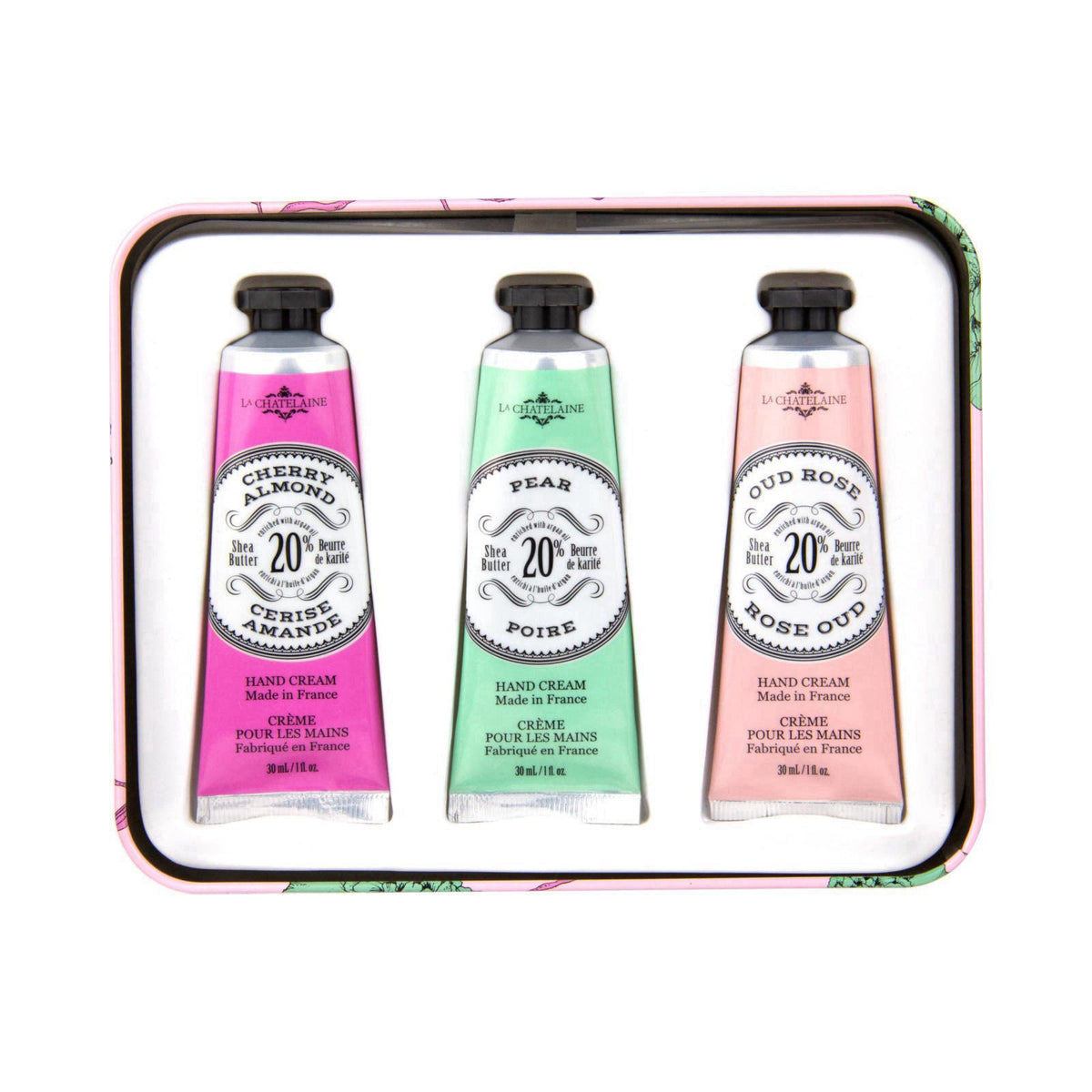La Chatelaine Rose Hand Cream Trio Tin Gift Set, 3 x 1 oz – back view and specifications