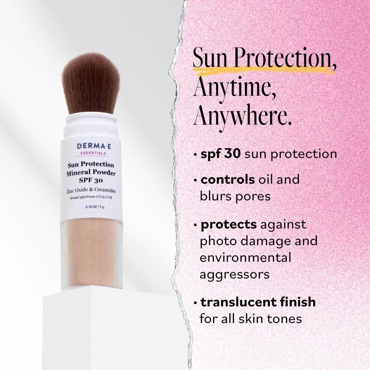 DERMA E Sun Projection Brush-On Mineral Sunscreen Powder SPF 30, 0.16 Oz – close-up detail in Translucent