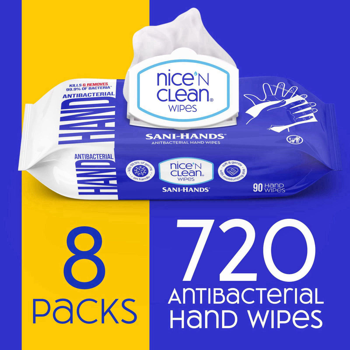 Nice 'N CLEAN Sensitive Skin Wet Hand Wipes 90ct (8-Pack) | Infused with Aloe | Hypoallergenic Wipes More Effective than