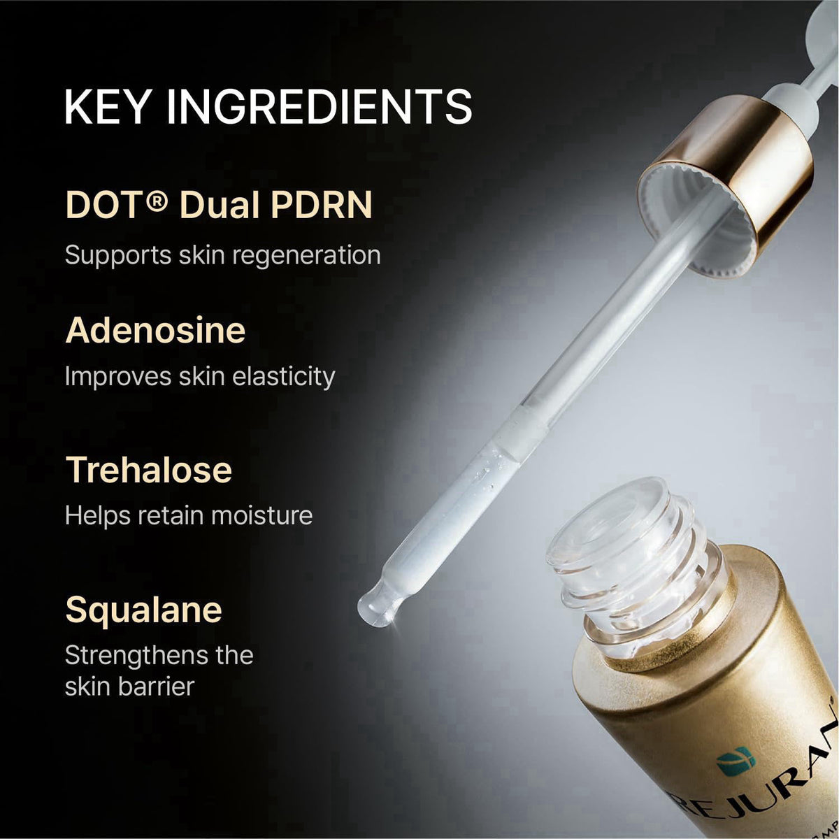 REJURAN Dual Effect Ampoule DOT DUAL cPDRN Face Serum 0.33 floz Travel Size – back view and specifications