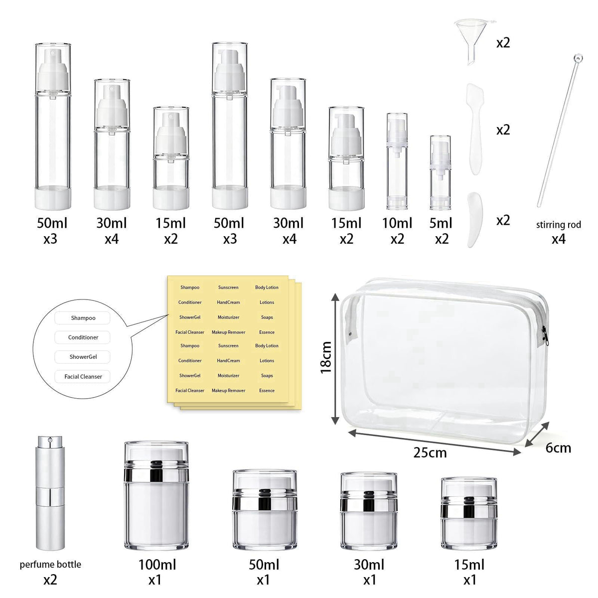 Psukhai 43 Pcs Refillable Makeup Skincare Containers Set for Travel with Label, Bag – close-up detail