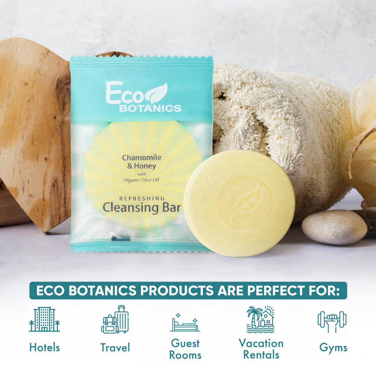 Eco Botanics 100-Count 0.5oz Cleansing Bar Soap, Travel Size Hotel Soap – close-up detail