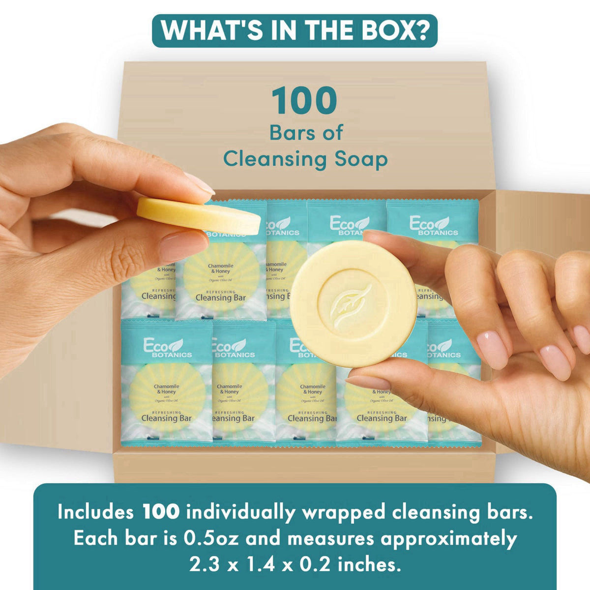 Eco Botanics 100-Count 0.5oz Cleansing Bar Soap, Travel Size Hotel Soap – packaging and label