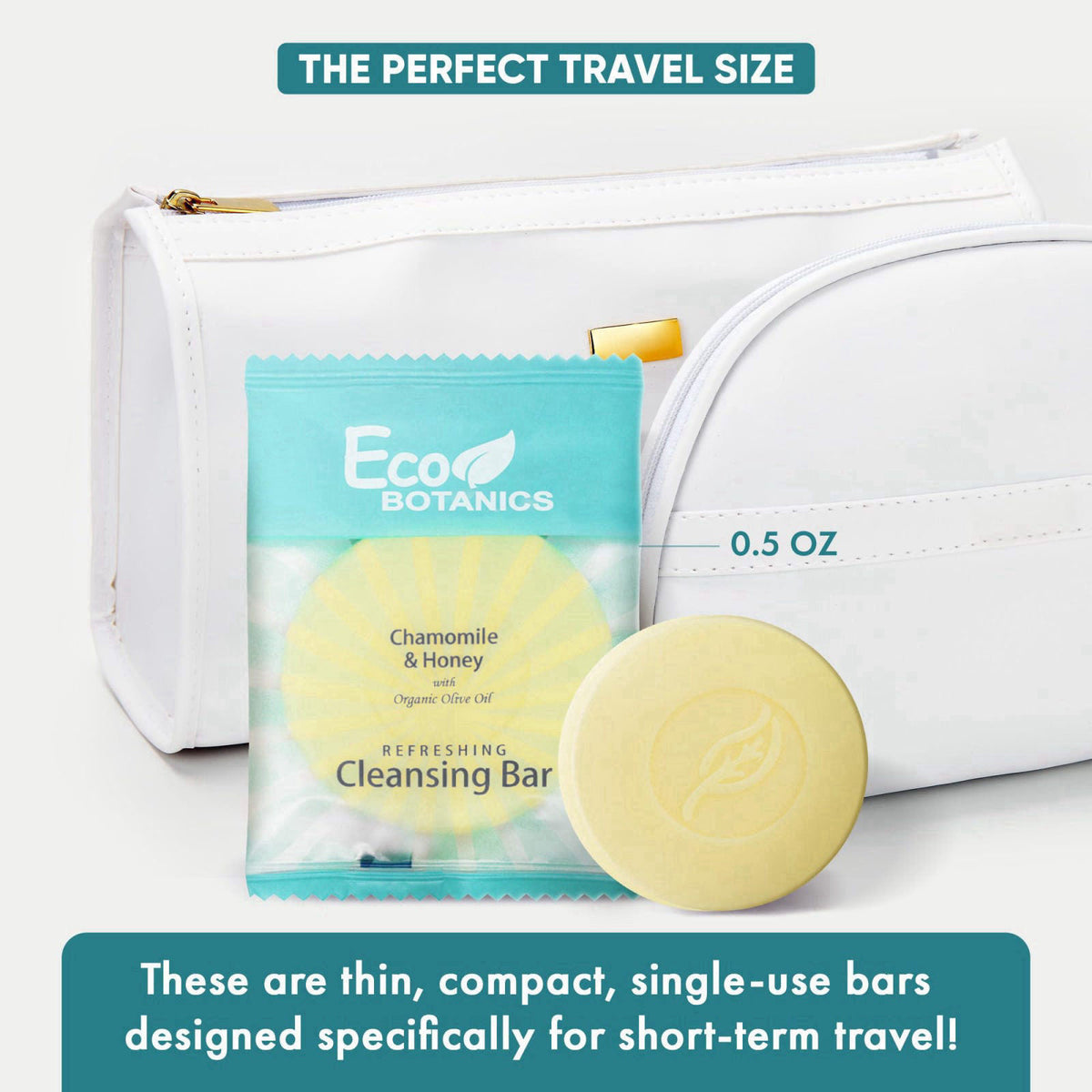 Eco Botanics 100-Count 0.5oz Cleansing Bar Soap, Travel Size Hotel Soap – back view and specifications