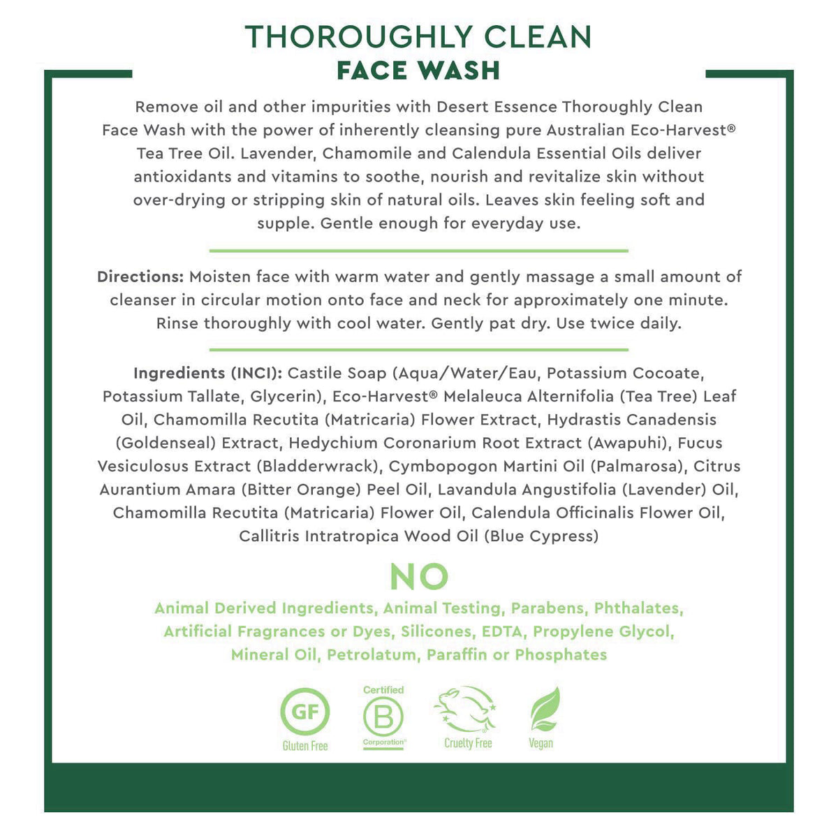Desert Essence Thoroughly Clean Face Wash, Tea Tree, 32 fl oz – back view and specifications
