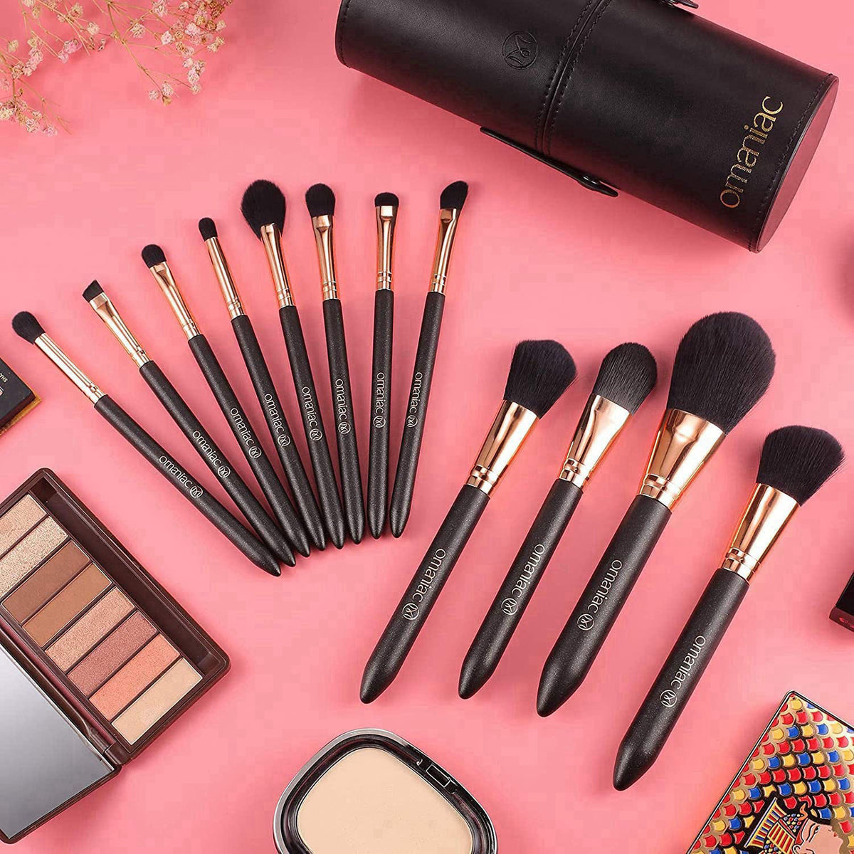 OMANIAC Makeup Brush Set Professional, 12 Pearlescent Wood Handle Makeup Brushes, Premium Cruelty-Free Synthetic Fiber H