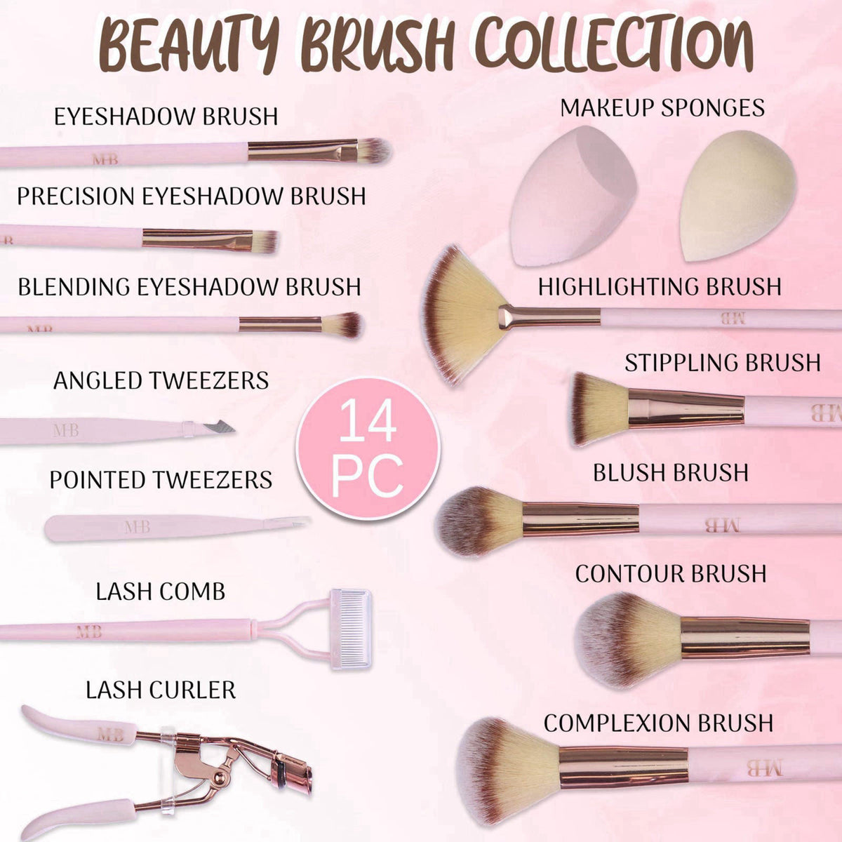 EXPRESSIONS 14pc Rose Gold Ultimate Beauty Brush Collection - Makeup Brushes, Eyelash – close-up detail in ROSE GOLD
