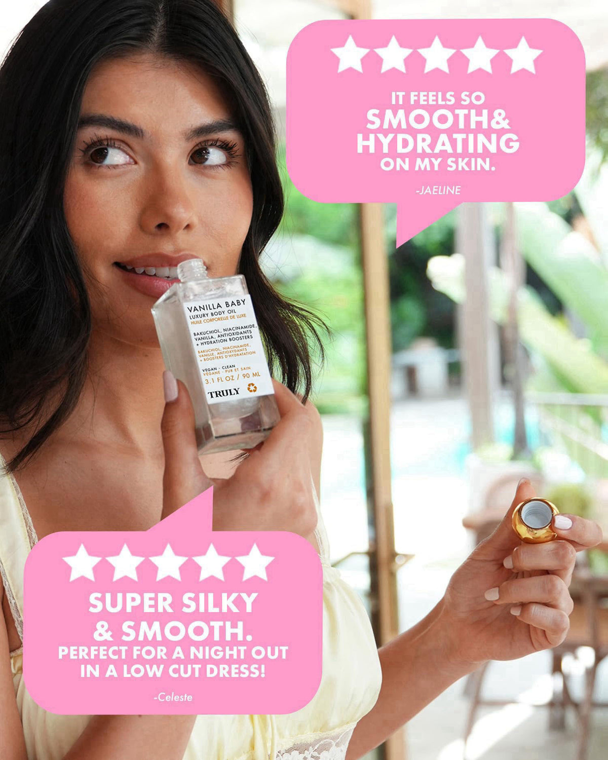 Truly Beauty Luxury Body Oil | Hydrating Shimmer Oil for Glowing Skin – back view and specifications