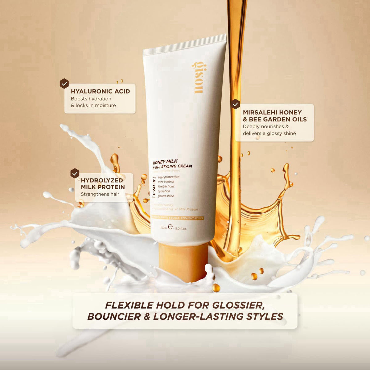 Gisou Honey Milk 5-in-1 Styling Cream (5.1 Fl Oz) – back view and specifications
