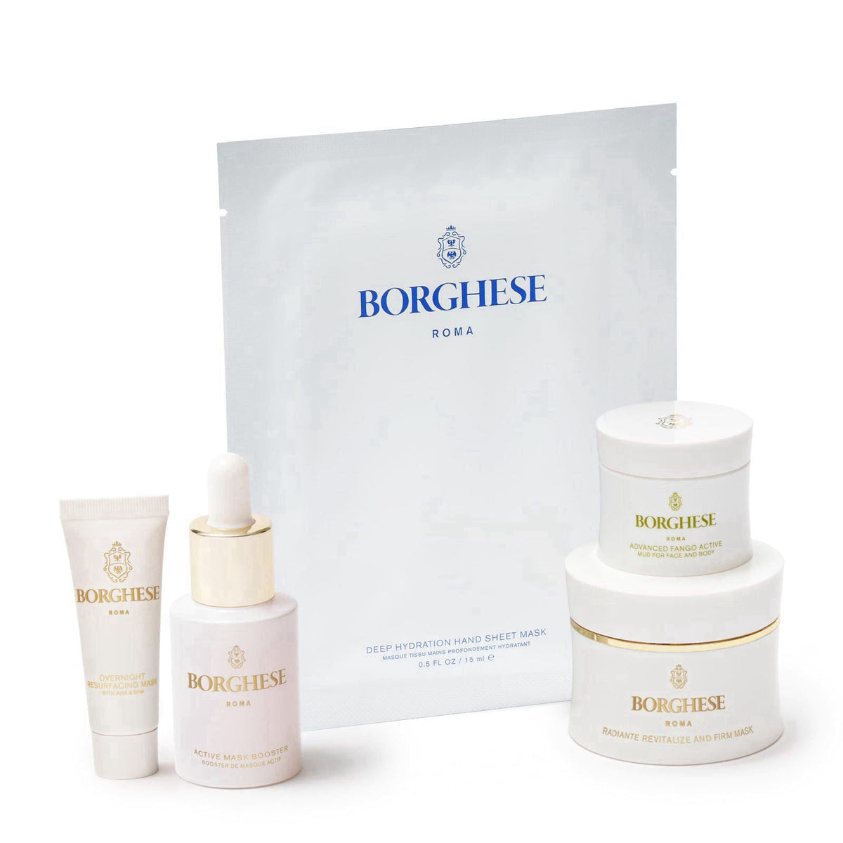 Borghese 5-Piece All You Need to Mask Gift Set - Includes Mask Booster Serum, Mud Mask, Firming Mask, AHA BHA Overnight 