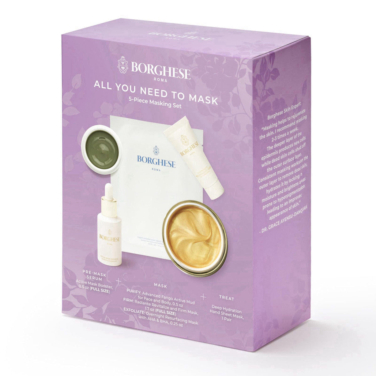 Borghese 5-Piece All You Need to Mask Gift Set - Includes Mask Booster Serum, Mud Mask, Firming Mask, AHA BHA Overnight 