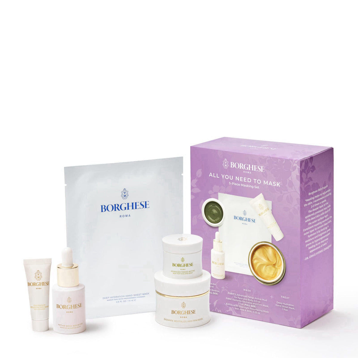 Borghese 5-Piece All You Need to Mask Gift Set - Includes Mask Booster Serum, Mud Mask, Firming Mask, AHA BHA Overnight 