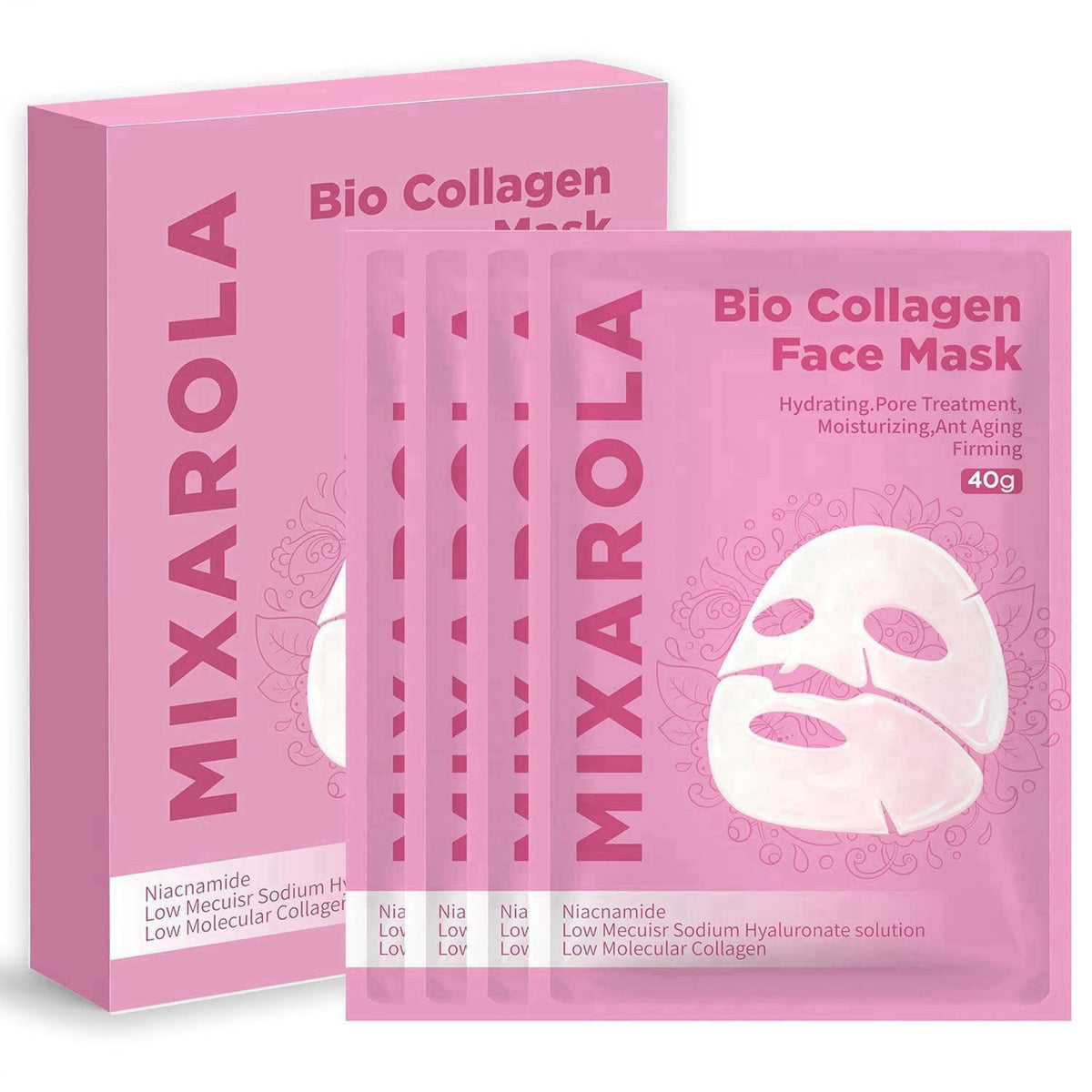 MIXAROLA Collagen Glow Up Mask 2.0, Bio Collagen Face Mask for Firming Skin – packaging and label