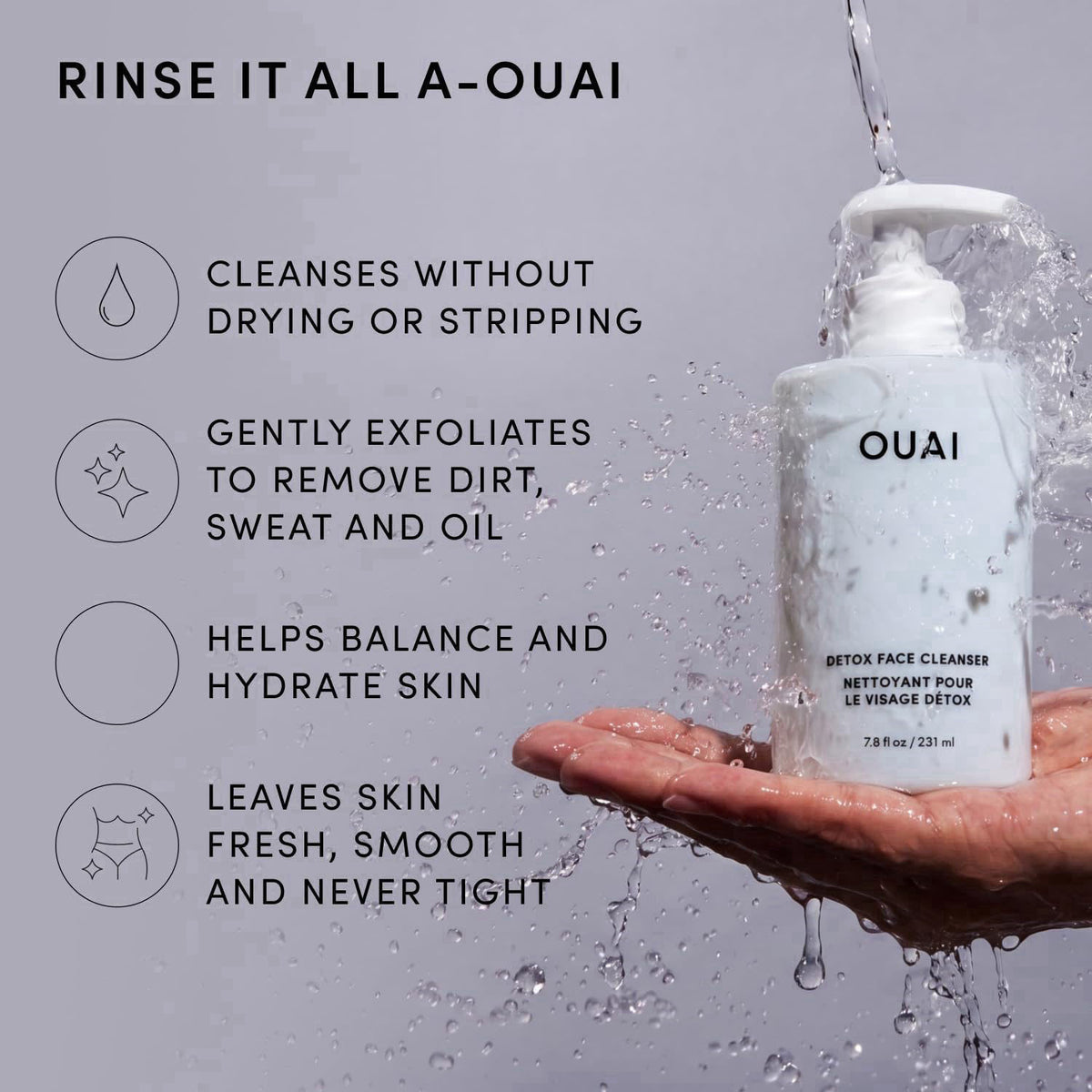 OUAI Detox Facial Cleanser - Face Wash with Glycolic Acid (7.8 fl oz) – packaging and label