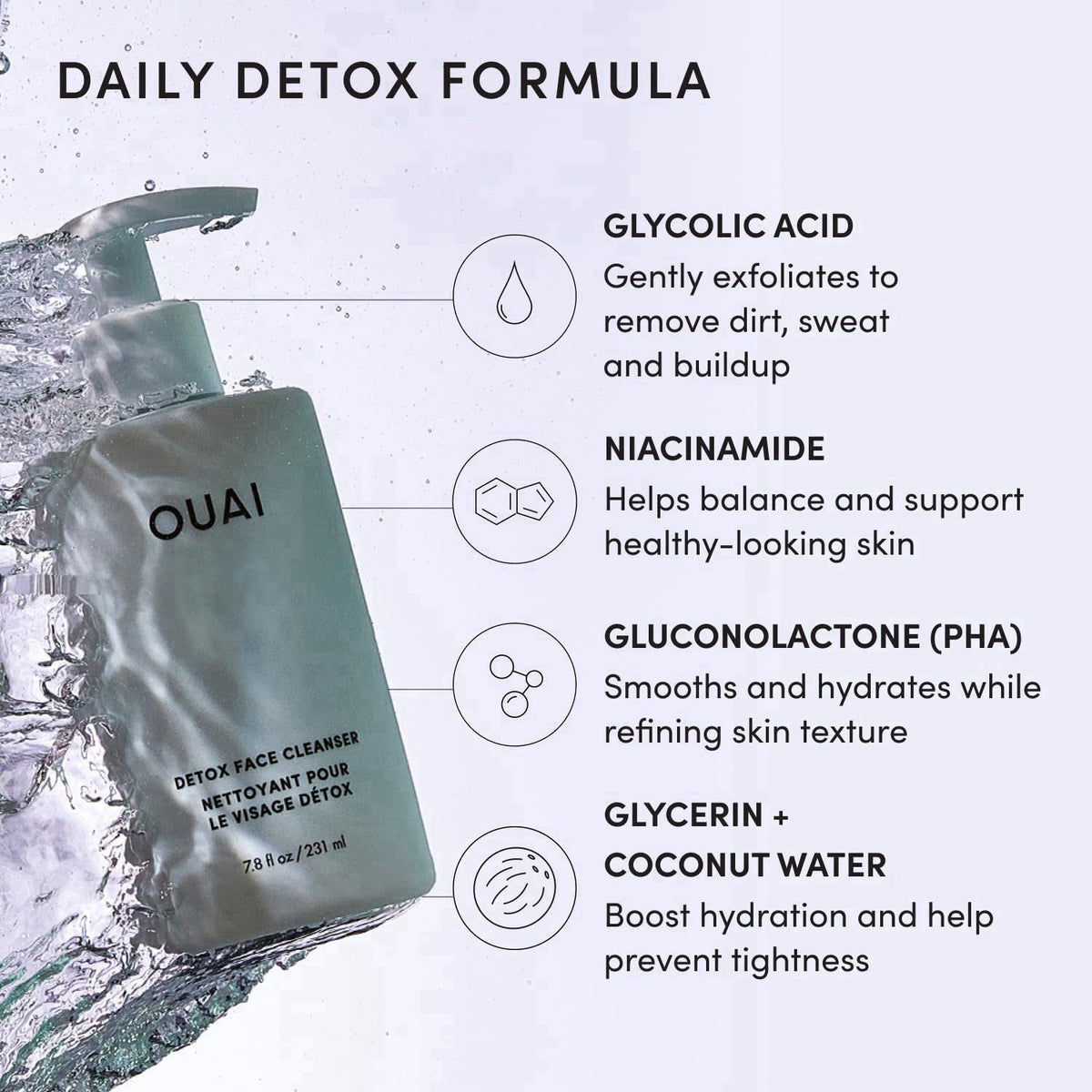 OUAI Detox Facial Cleanser - Face Wash with Glycolic Acid (7.8 fl oz) – back view and specifications
