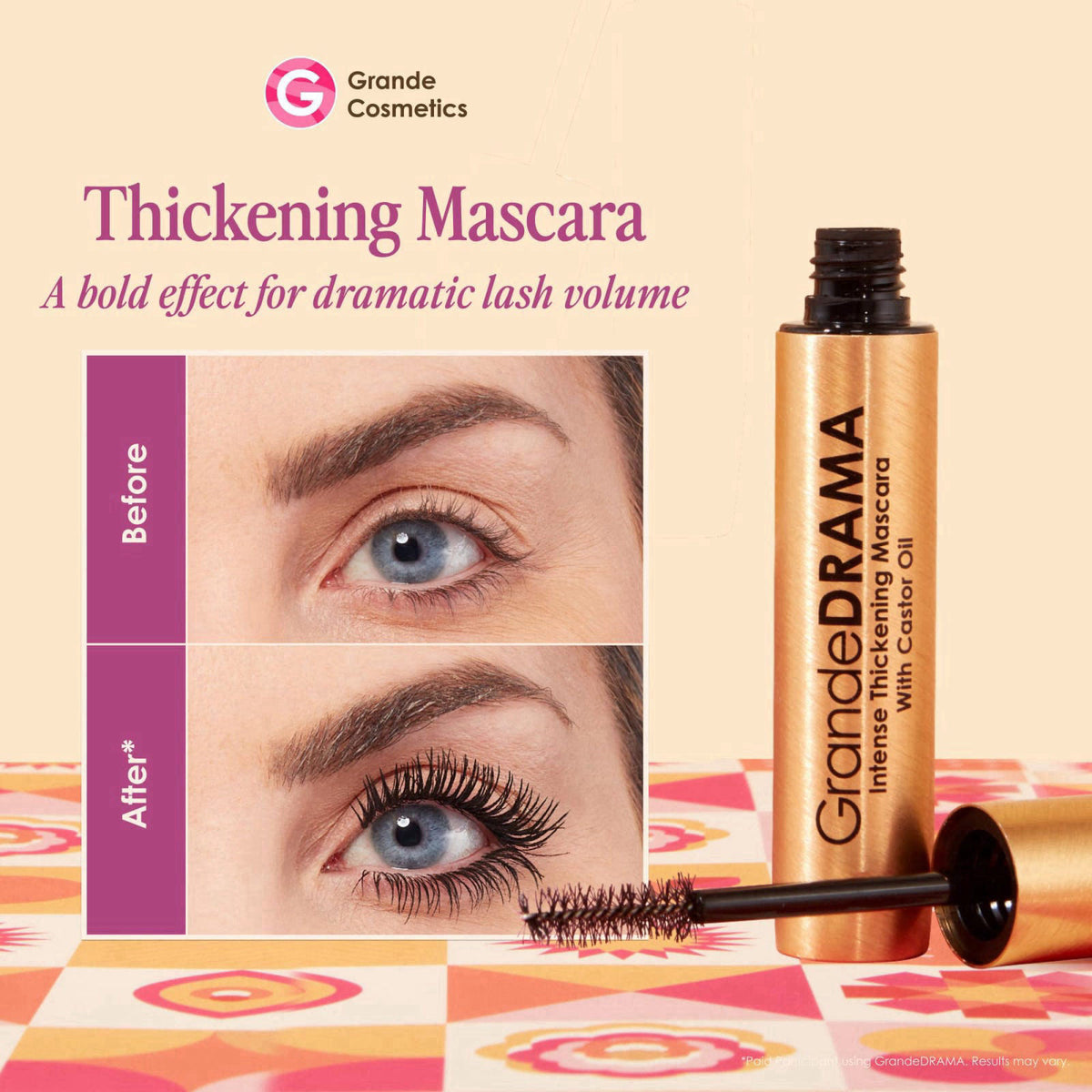 Grande Cosmetics GrandeDRAMA Intense Thickening Mascara, Black, 0.32 oz – close-up detail in Black