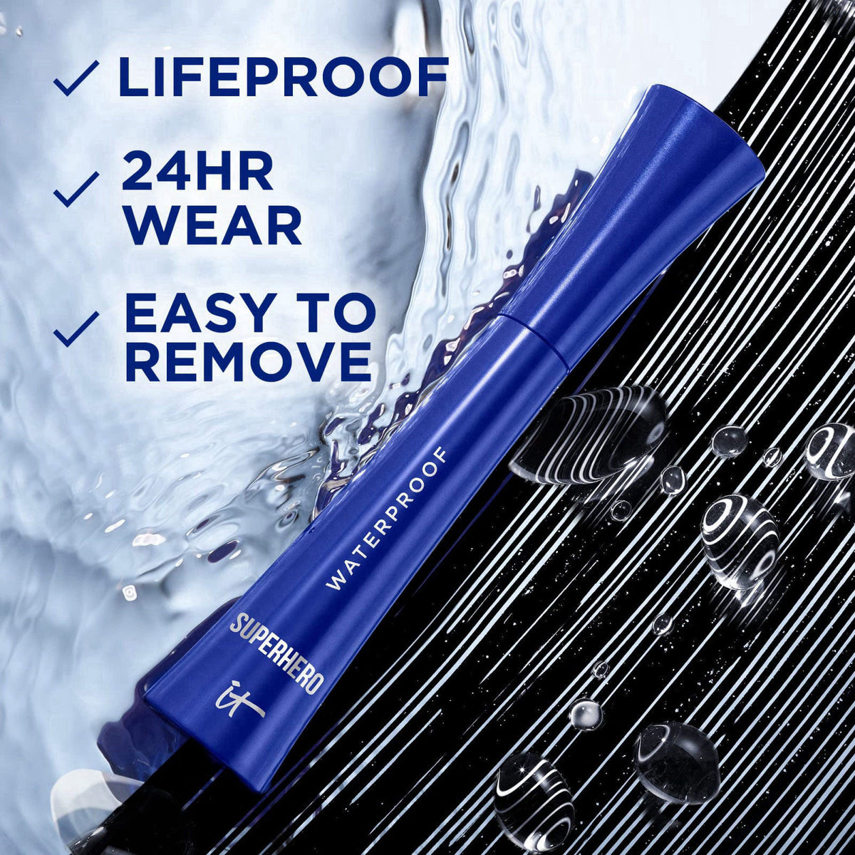 IT Cosmetics Superhero Volumizing Waterproof Black Mascara with Biotin – packaging and label