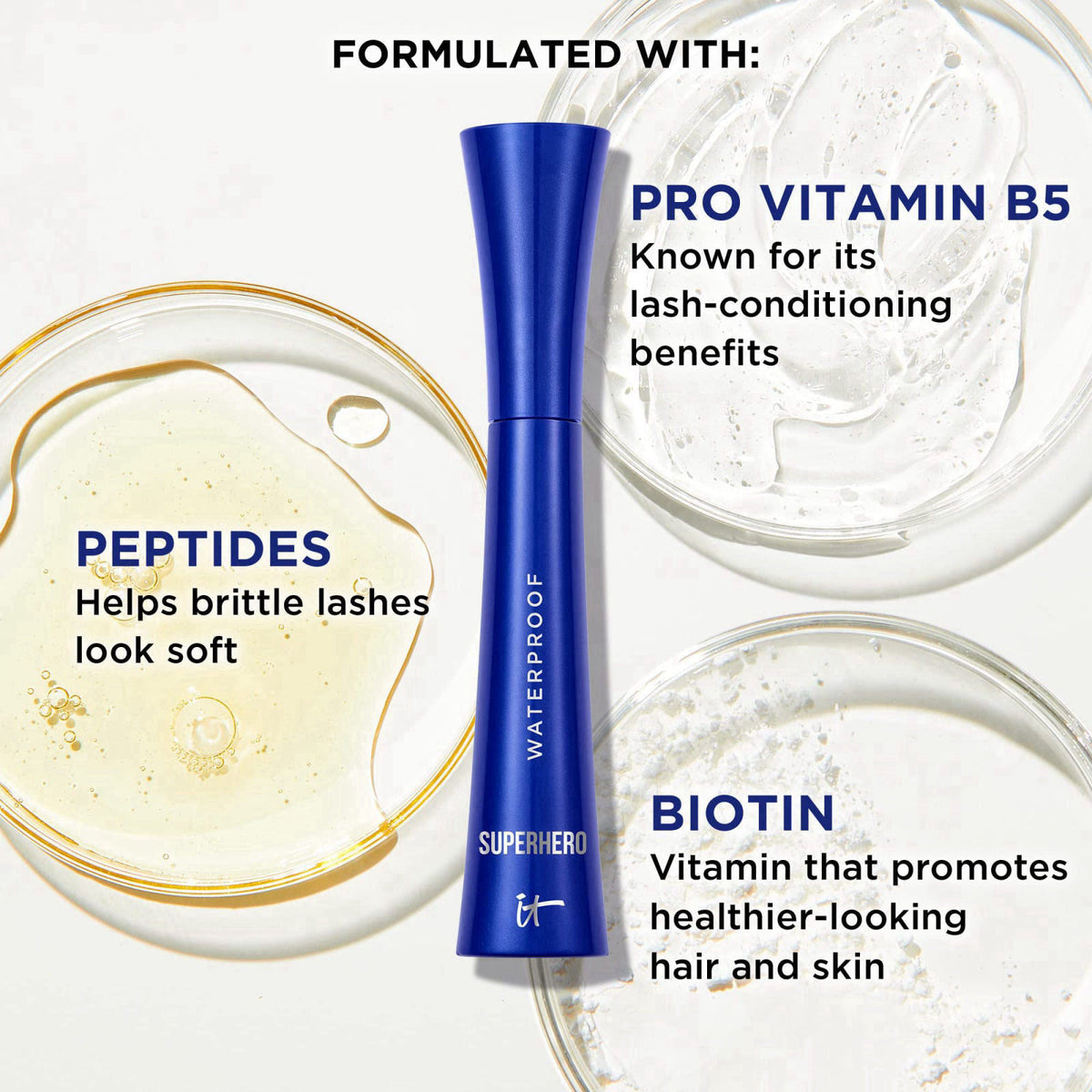 IT Cosmetics Superhero Volumizing Waterproof Black Mascara with Biotin – back view and specifications