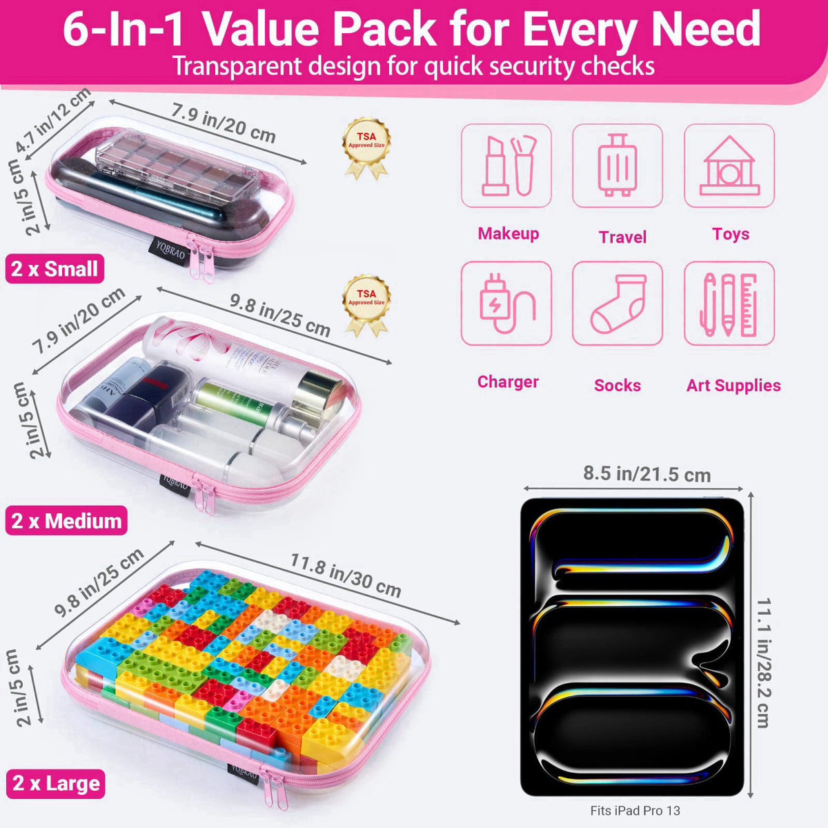 YQBRAO Clear Hard Shell Zipper Cases, 6 Multi-Size Organizers, Pink – close-up detail in Pink
