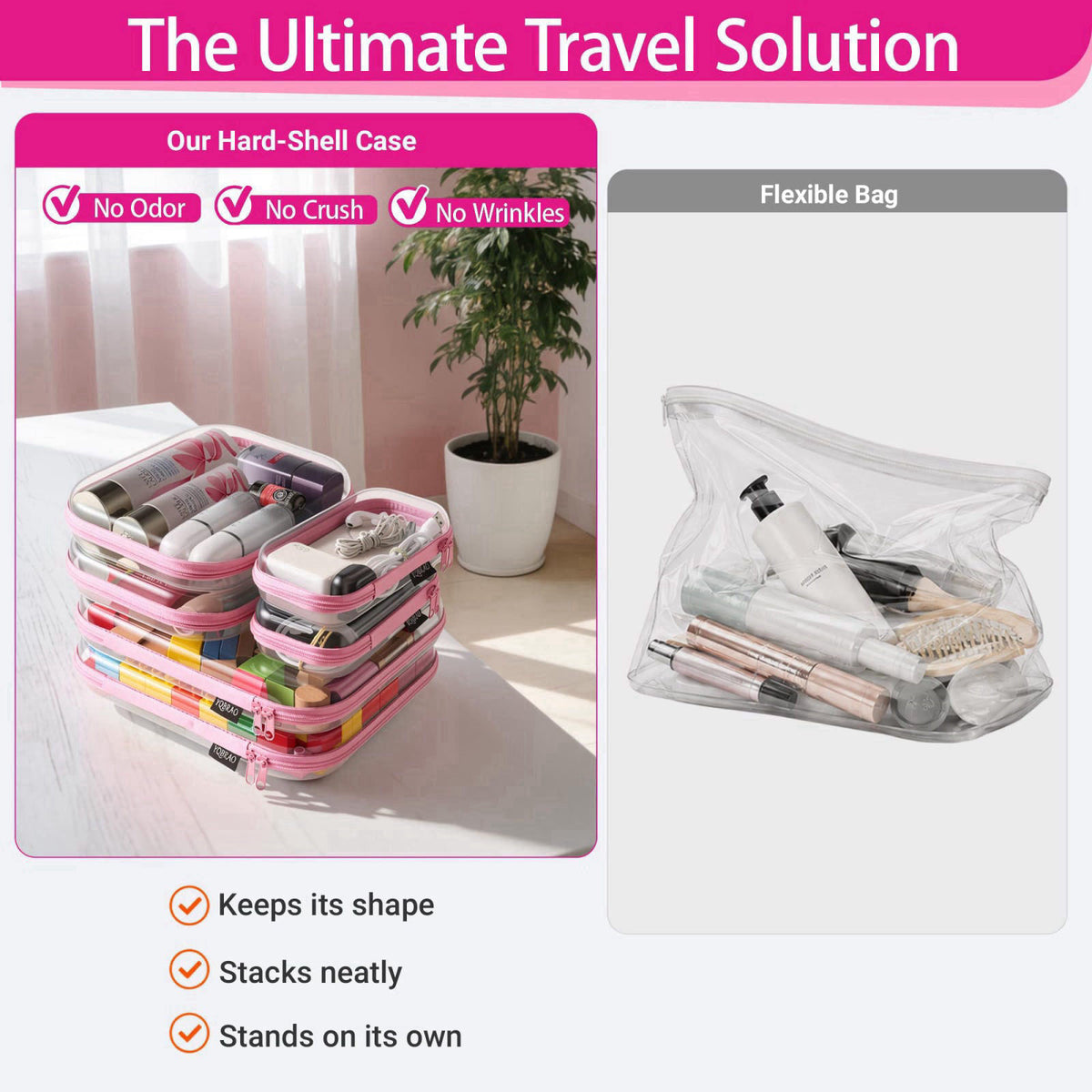 YQBRAO Clear Hard Shell Zipper Cases, 6 Multi-Size Organizers, Pink – packaging and label