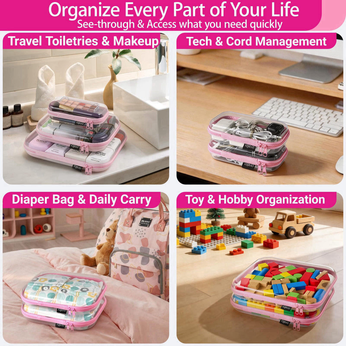 YQBRAO Clear Hard Shell Zipper Cases, 6 Multi-Size Organizers, Pink – full view