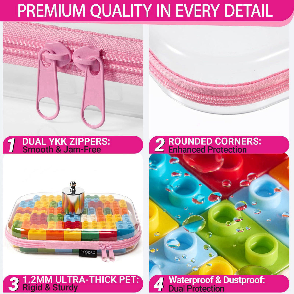 YQBRAO Clear Hard Shell Zipper Cases, 6 Multi-Size Organizers, Pink – back view and specifications