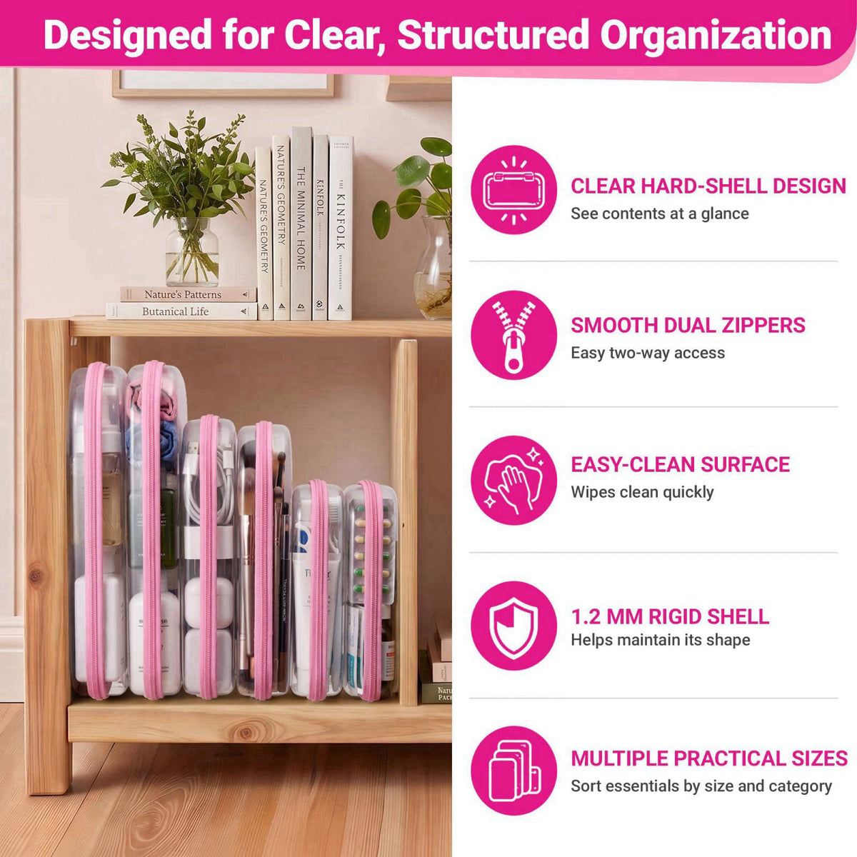 YQBRAO Clear Hard Shell Zipper Cases, 6 Multi-Size Organizers, Pink – alternate angle
