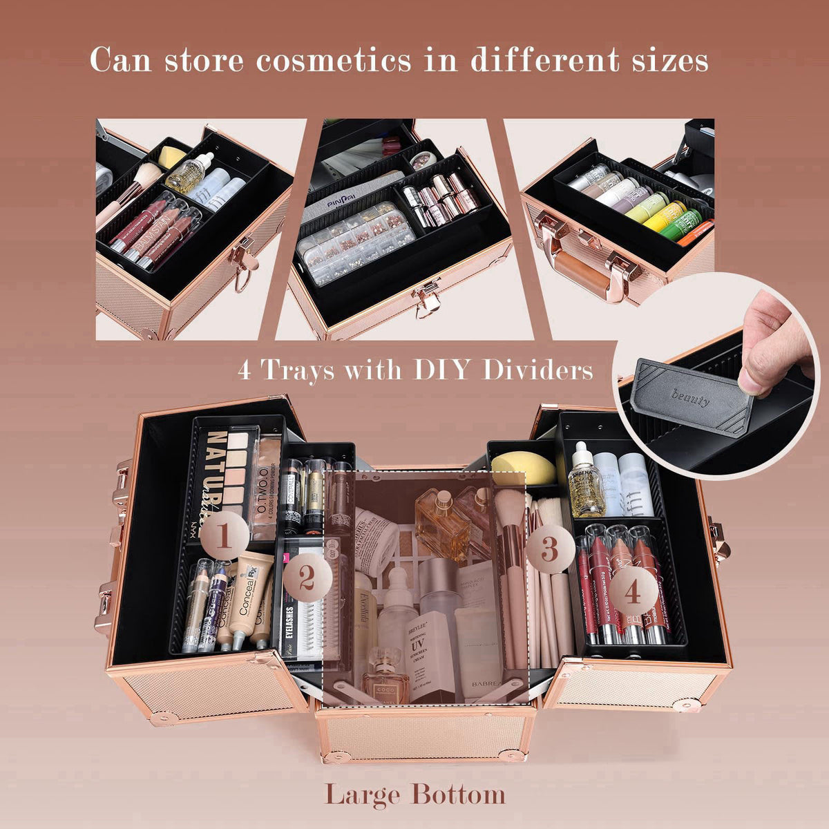 FRENESSA Makeup Train Case Makeup Case Travel Cosmetic Box Organizer Portable Make Up Box with Dividers Lockable for Art