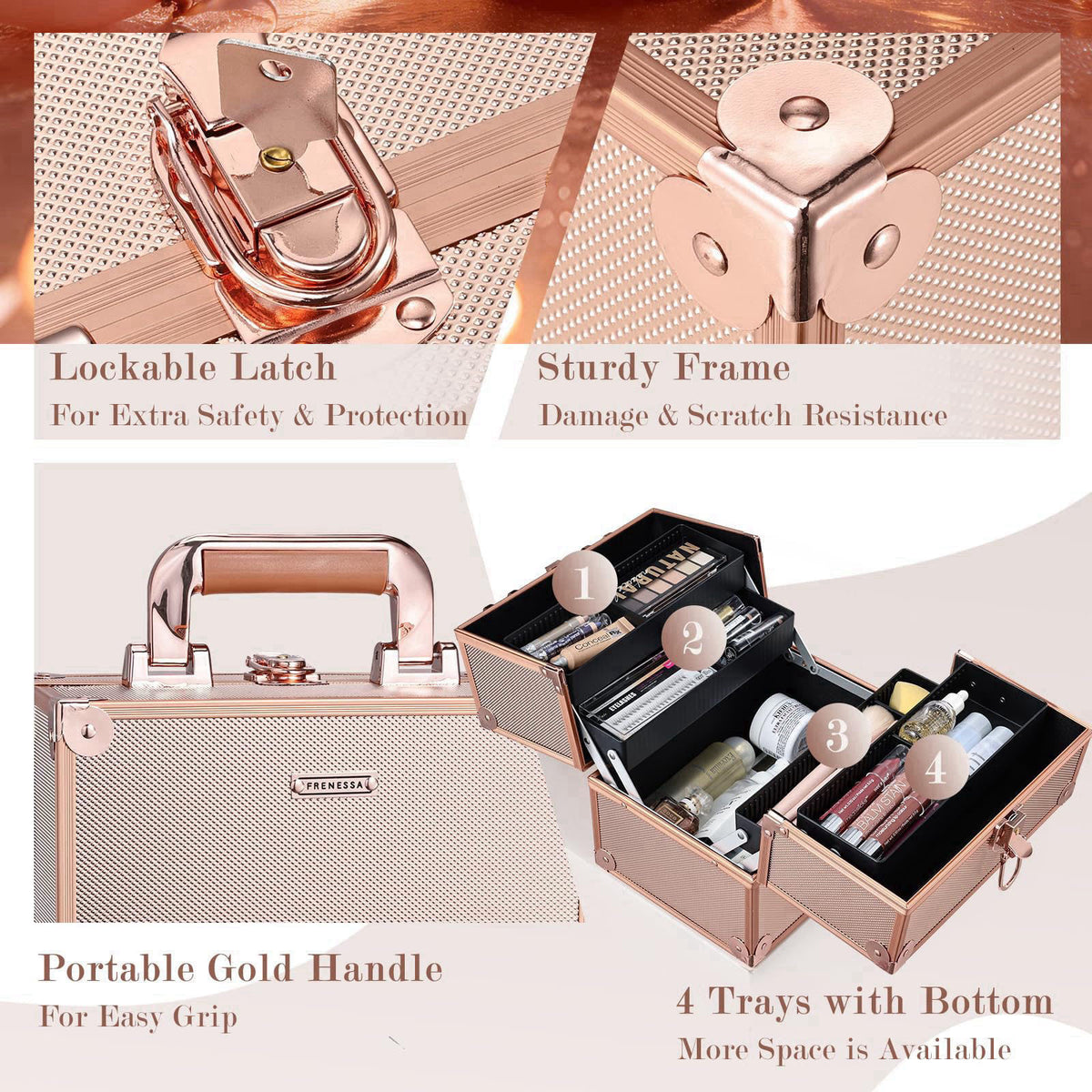 FRENESSA Makeup Train Case Makeup Case Travel Cosmetic Box Organizer Portable Make Up Box with Dividers Lockable for Art
