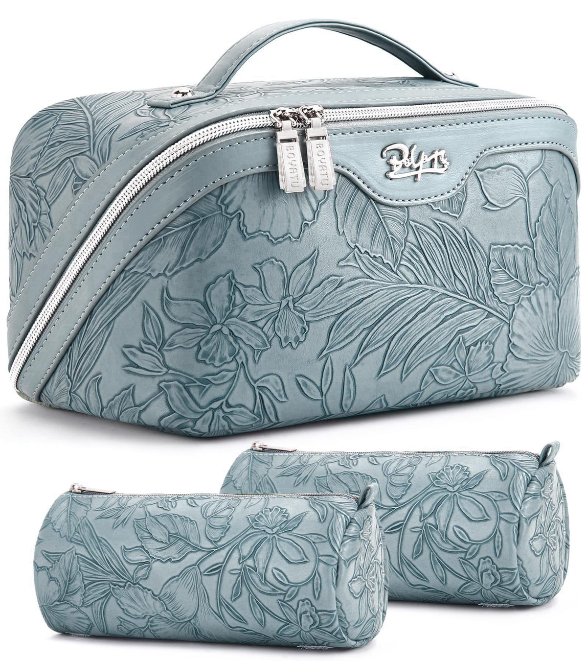 BOYATU Travel Makeup Bags Cosmetic Organizer Bag: Floral Make up Bag – 01-Light Blue, Leather, Polyester