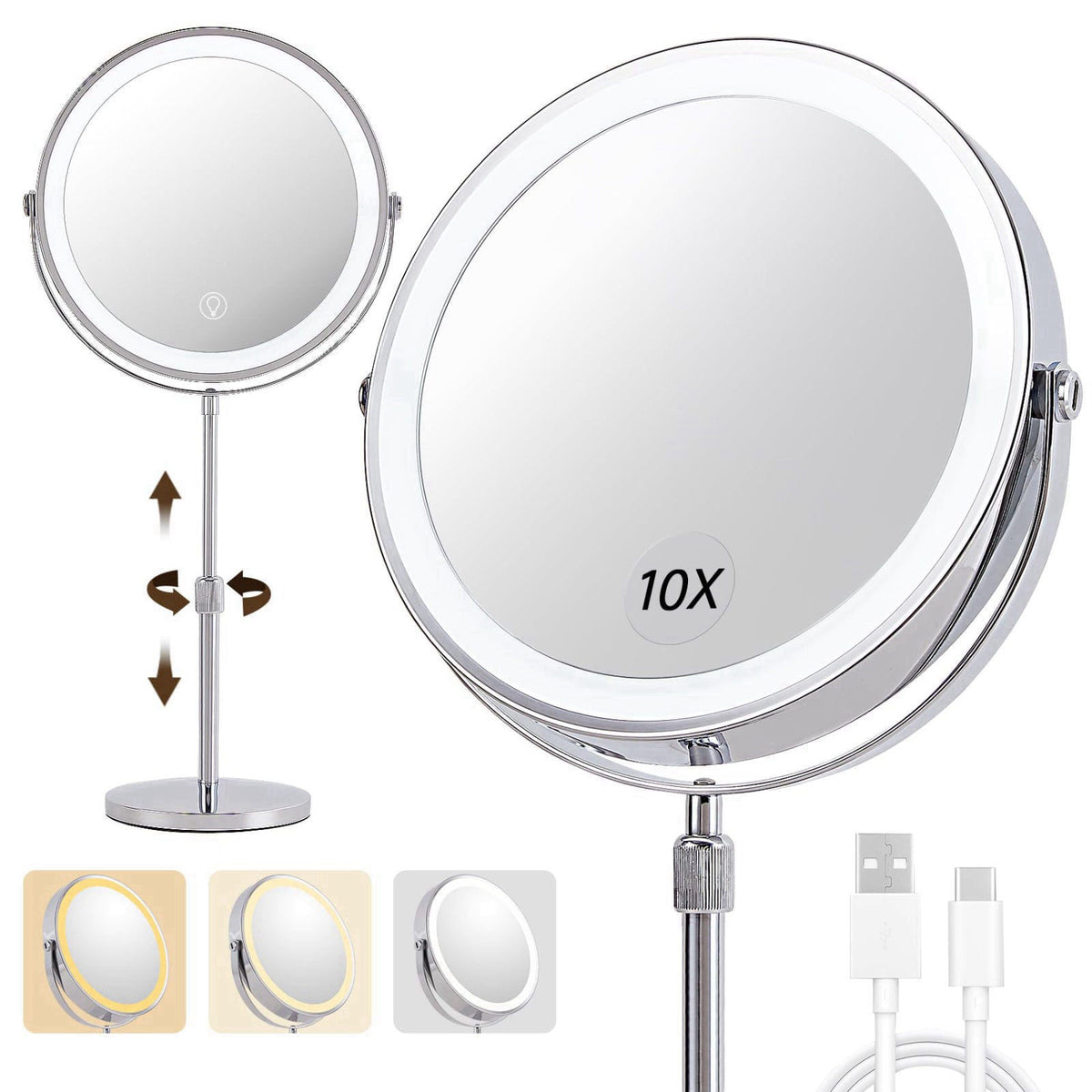 BALUXCA 1X/10X Magnifying Makeup Mirror with Lights - 9" Large Dual-Sided Vanity Mirror with 3 Color Lights for Wome