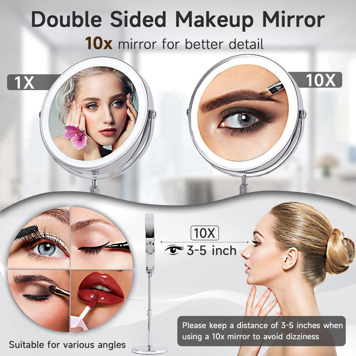 BALUXCA 1X/10X Magnifying Makeup Mirror with Lights - 9" Large Dual-Sided Vanity Mirror with 3 Color Lights for Wome