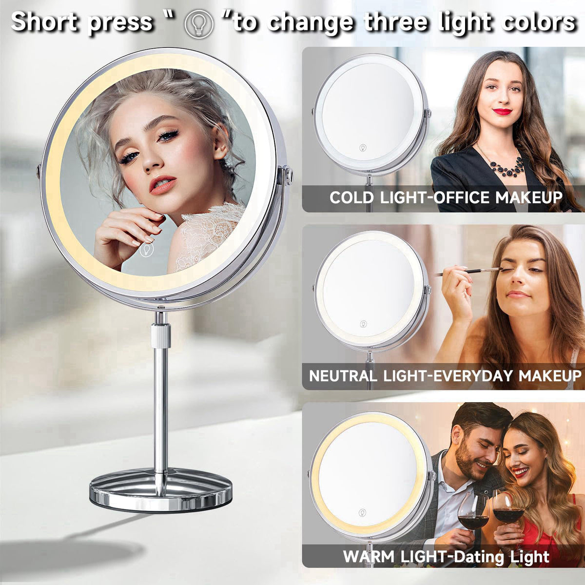 BALUXCA 1X/10X Magnifying Makeup Mirror with Lights - 9" Large Dual-Sided Vanity Mirror with 3 Color Lights for Wome