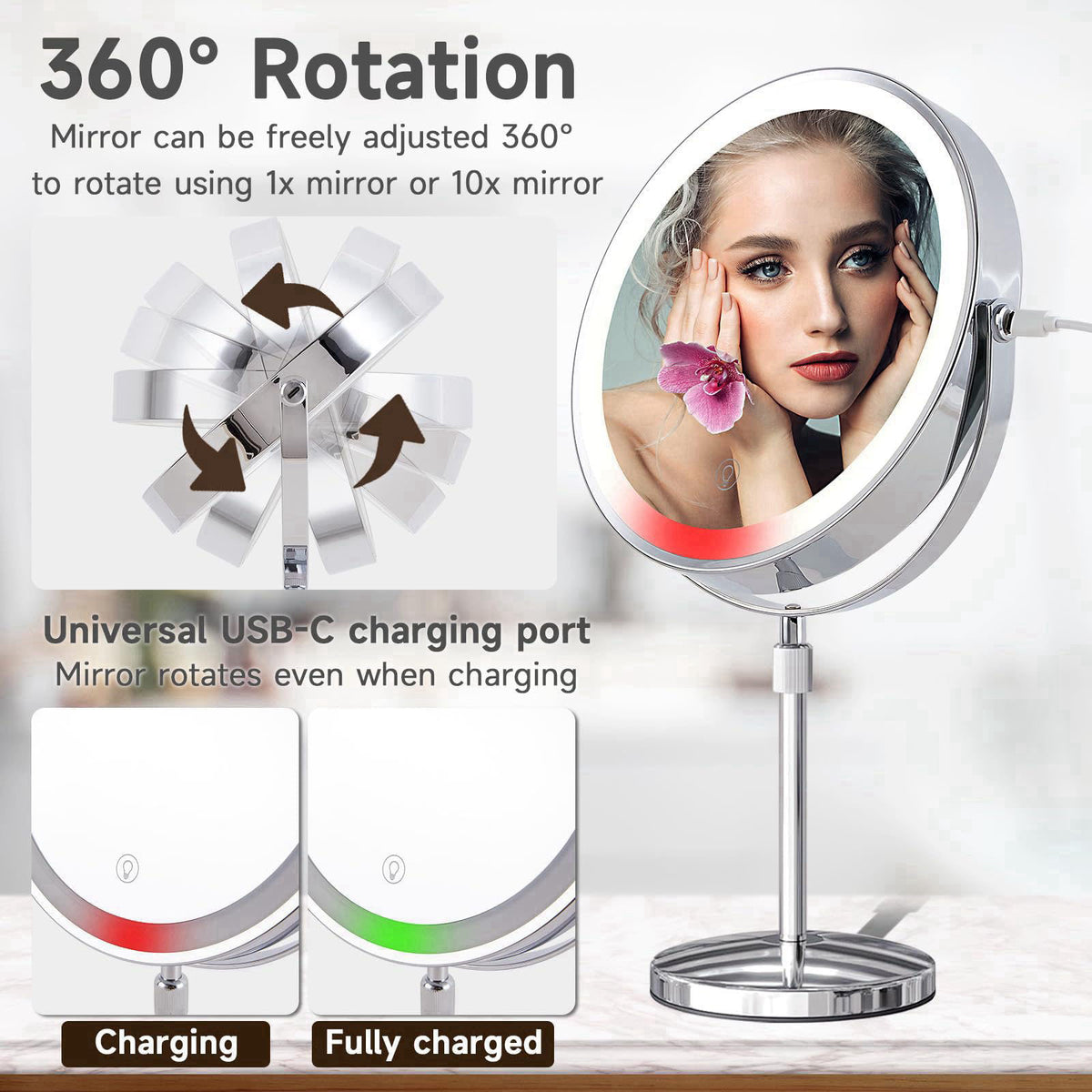 BALUXCA 1X/10X Magnifying Makeup Mirror with Lights - 9" Large Dual-Sided Vanity Mirror with 3 Color Lights for Wome