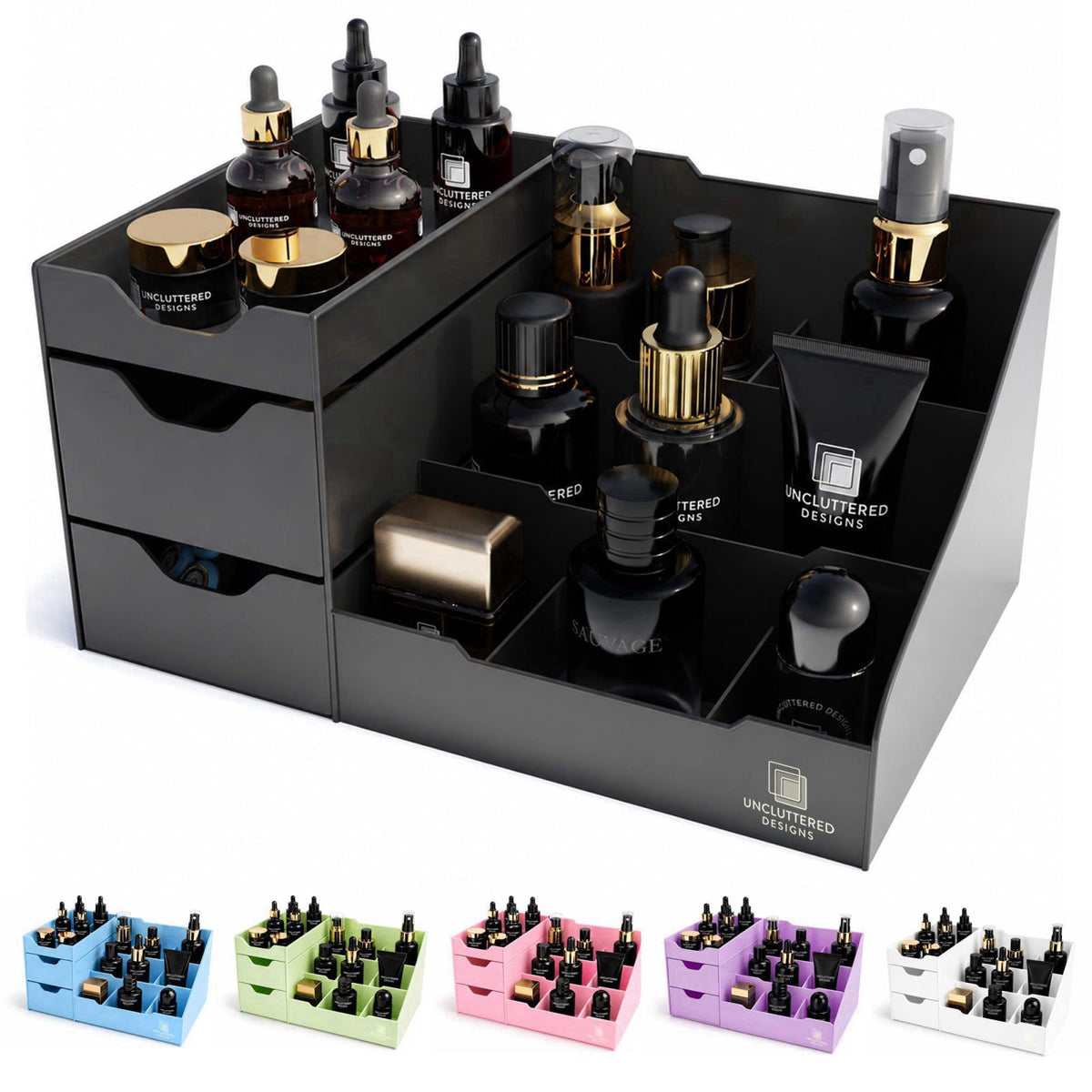 Uncluttered Designs Mens Cologne Organizer for Dresser, Black Countertop – product photo (Cosmetic Display Cases)