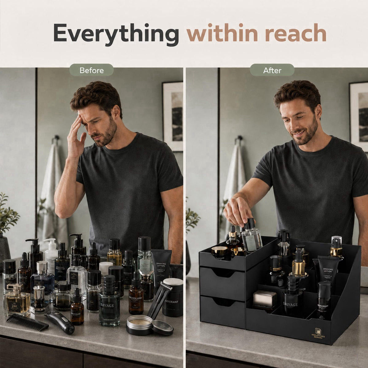 Uncluttered Designs Mens Cologne Organizer for Dresser, Black Countertop – packaging and label