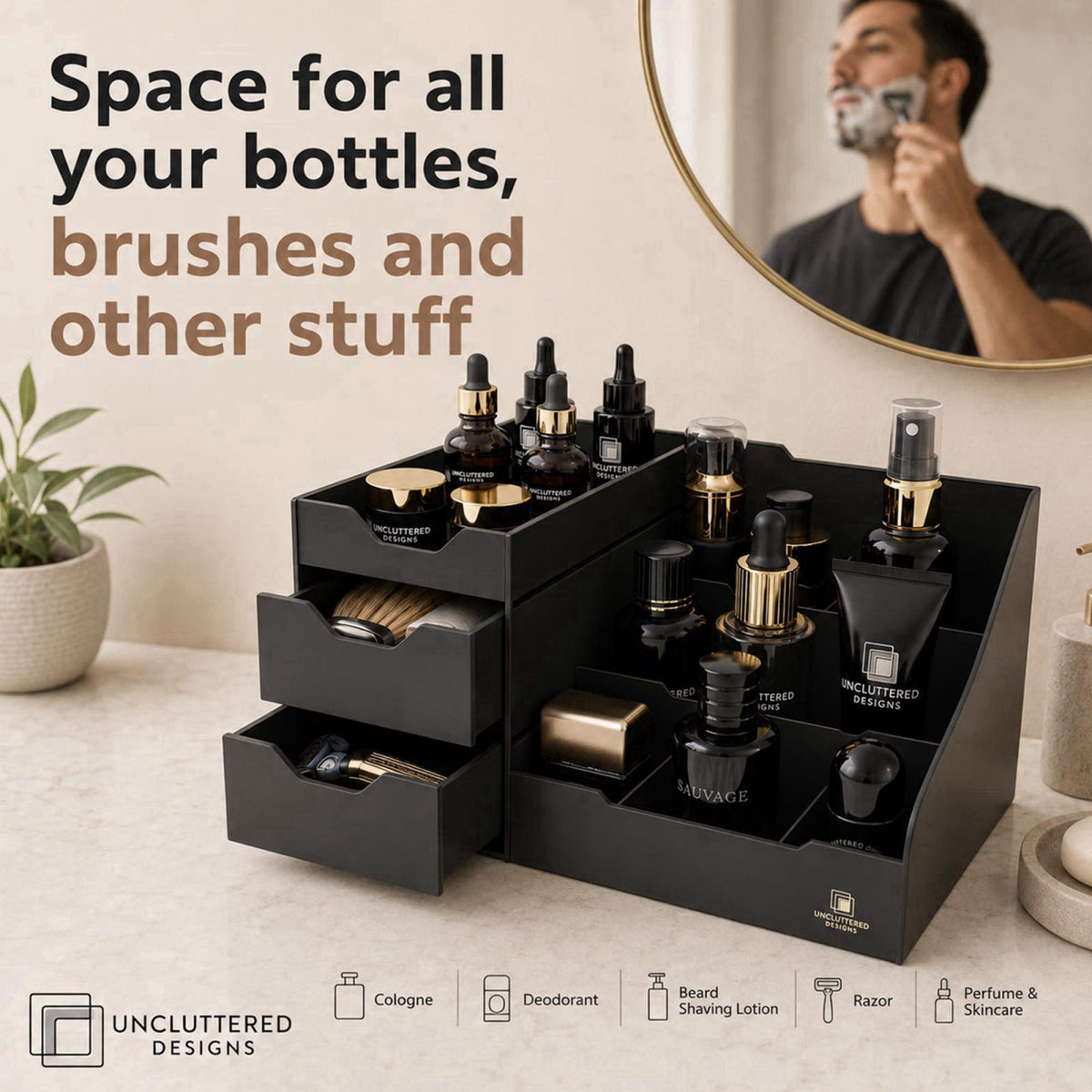 Uncluttered Designs Mens Cologne Organizer for Dresser, Black Countertop – full view