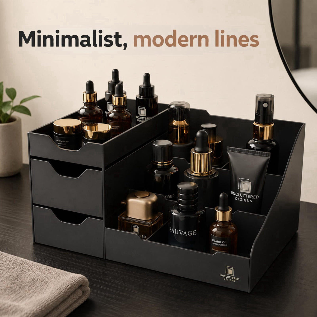 Uncluttered Designs Mens Cologne Organizer for Dresser, Black Countertop – back view and specifications